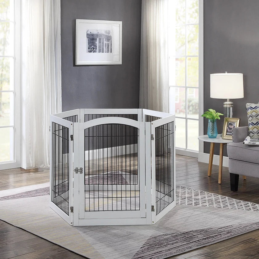 6-Panel Freestanding Wooden Dog Playpen & Pet Gate, 144"L x 31.5"H – Lockable Gate, No Wall Mounting, White/Espresso