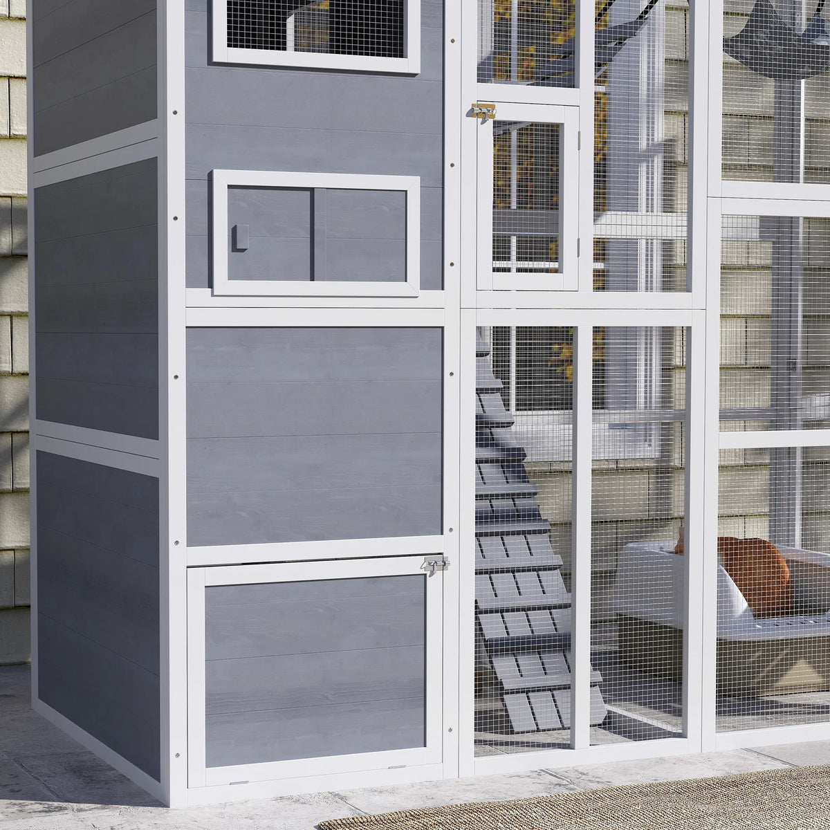 76" Catio Outdoor Cat Enclosure with Cat Condo, Jumping Platforms, Ladder, Ramps, Hammock for 2-3 Indoor Cats, Grey