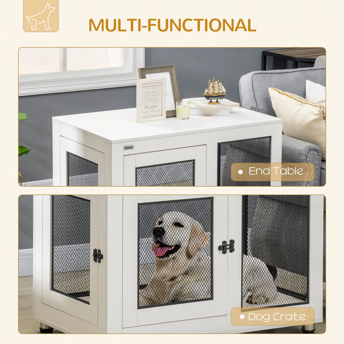 Pet Crate End Table with Water-resistant Cushion or Large Medium Dogs, White