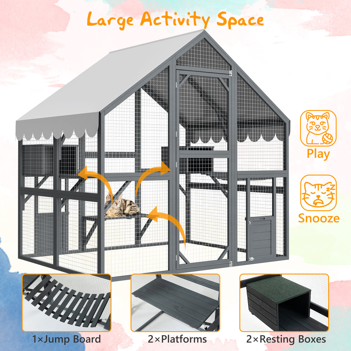 Large Outdoor Cat House, 28ft² Luxury Wooden Cat Run Enclosure Walk in Cat Catio Kitten Condo with 2 Cat Doors, 2 Plaype