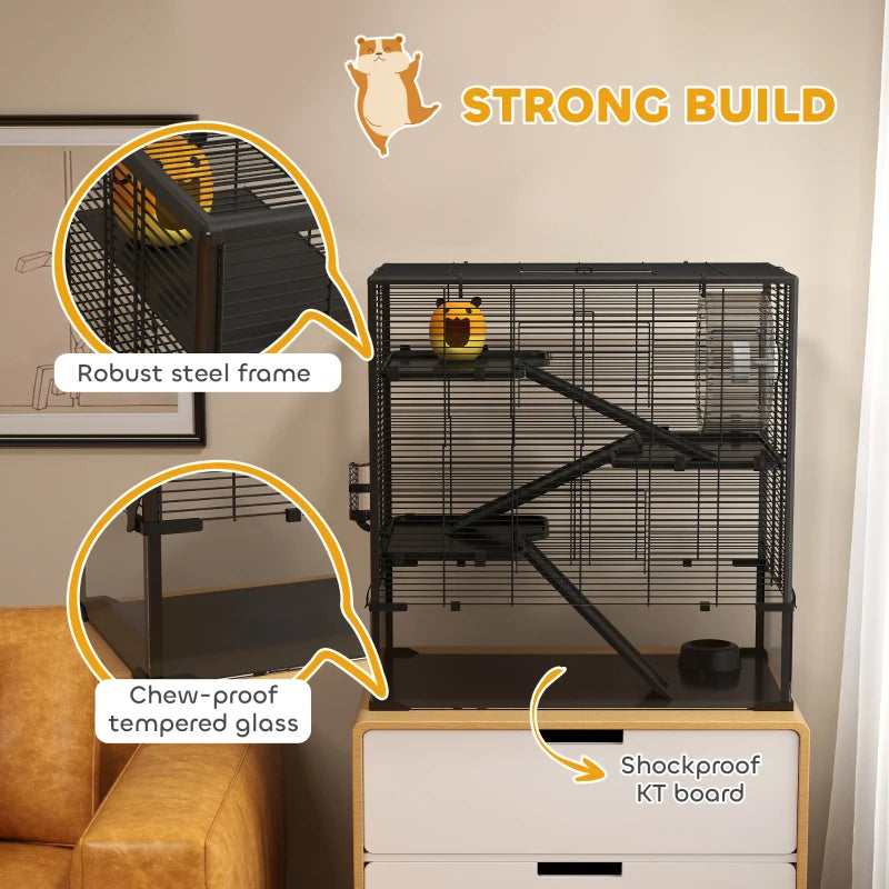 4 Tier Hamster Cage With Deep Tempered Glass Bottom, Running Wheel, Hut, Water Bottle, Food Dish
