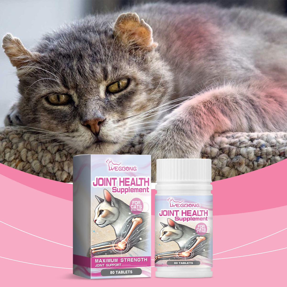 Cat Joint Health Support Tablets, Glucosamine Joint Supplement For All Breeds & Sizes Cats, 80 Count Joint Care Chewable