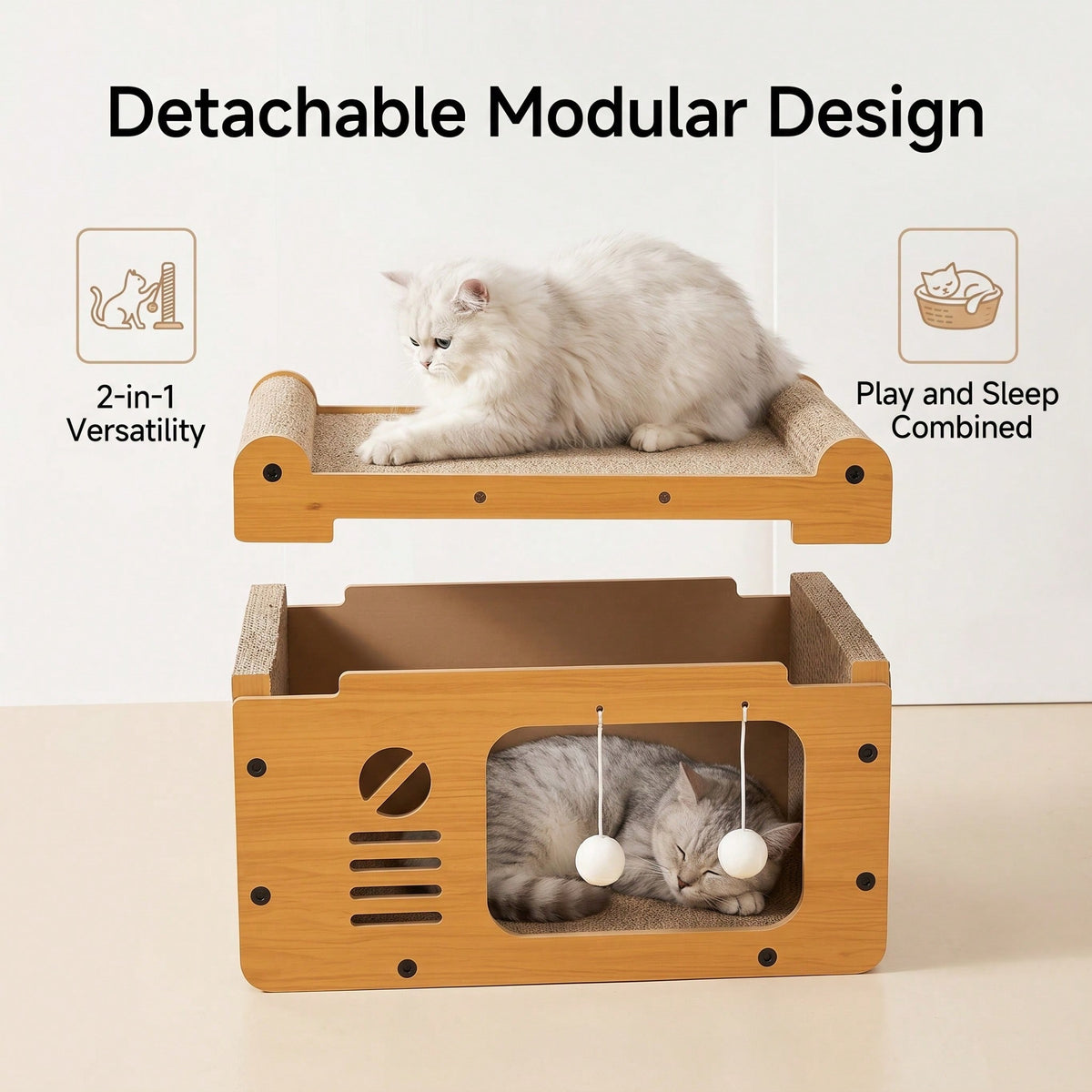 Multi-Style Double-Layer Cat Scratcher House, 2-Tier Large Cat Villa Bed With Corrugated Cardboard, Interactive Hanging 