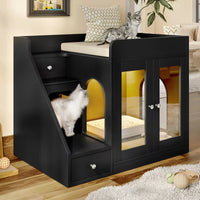 Litter Box Enclosure Cabinet with LED Light – 2-Drawer Cat House Side Table, White/Black/Gray