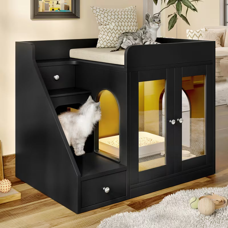 Litter Box Enclosure Cabinet with LED Light – 2-Drawer Cat House Side Table, White/Black/Gray