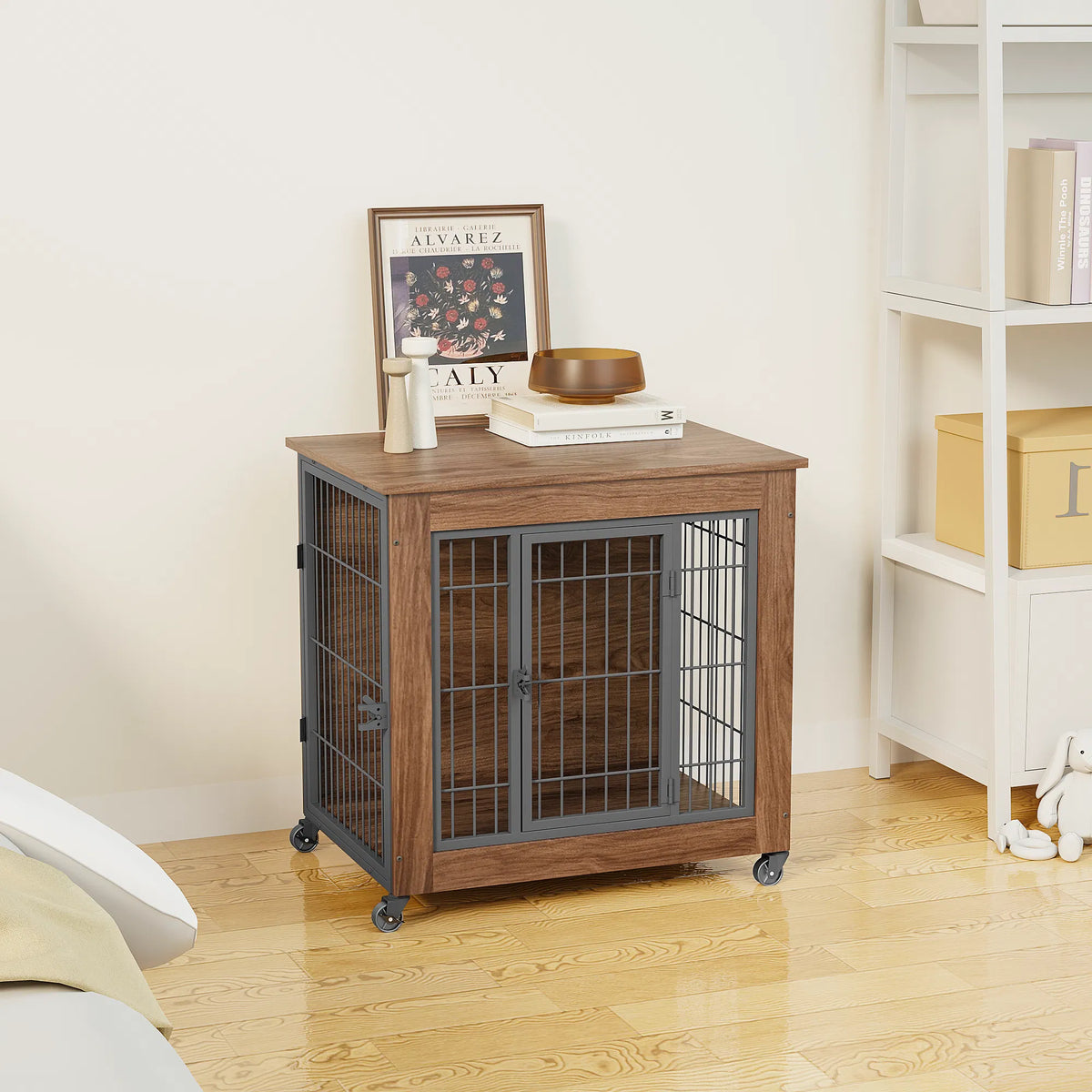 27.2" Dog Crate Furniture with Wheels for Small Dogs, Heavy Duty Dog Kennel Indoor with 2 Doors, Wooden Pet Cage End Tab