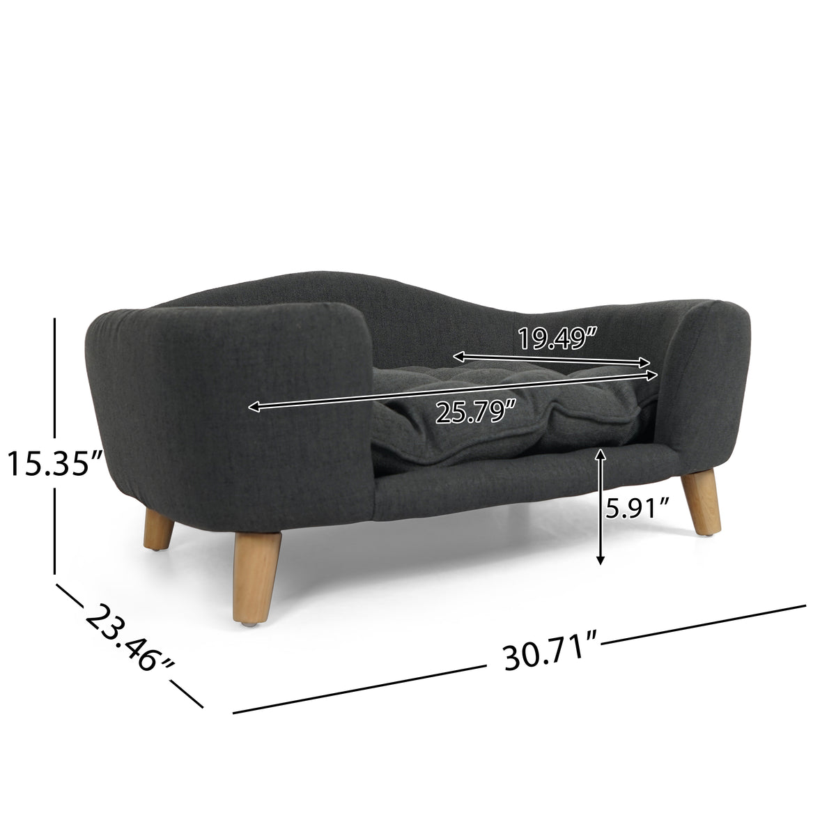 Elevated Dog Bed Frame for Small Dog, Fabric Pet Couch Bed with Rubber Wood Legs and Supportive Foam, Dark Gray, Easy As