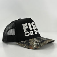 FISH OR DIE Black Mesh CAMO Trucker Cap Hat Custom Embroidered