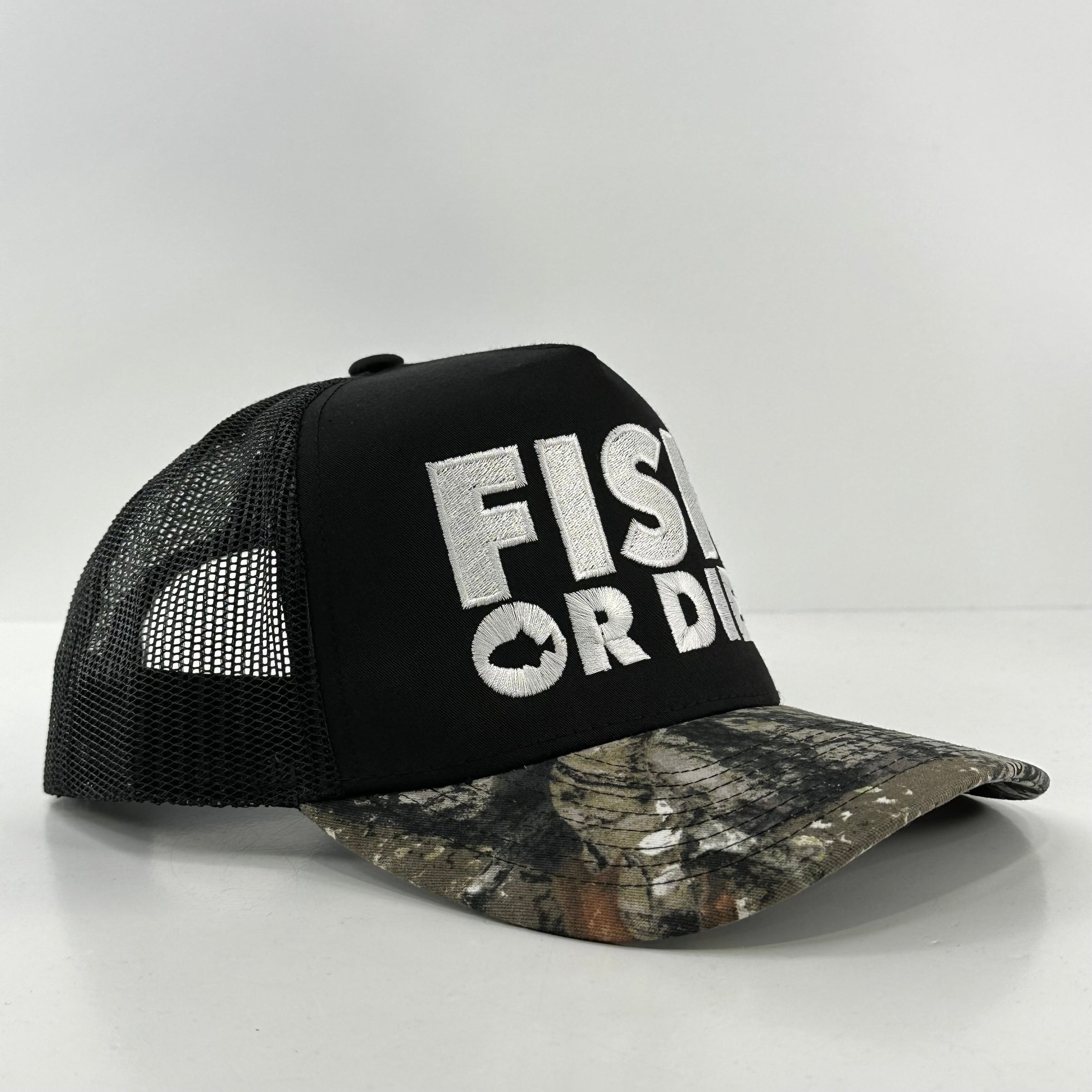 FISH OR DIE Black Mesh CAMO Trucker Cap Hat Custom Embroidered