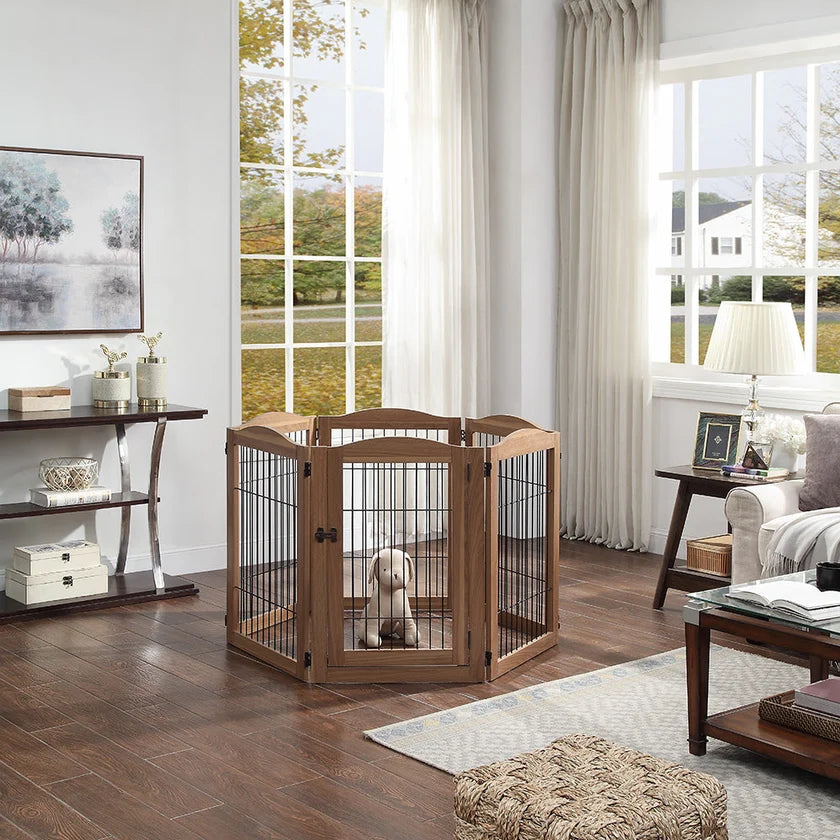 6-Panel Freestanding Solid Wood Dog Gate with Lockable Door, 132"L x 31.5"H – Foldable Pet Gate & Playpen, No Wall Mounting Required