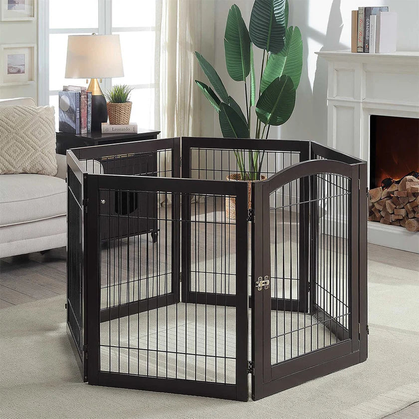 6-Panel Freestanding Wooden Dog Playpen & Pet Gate, 144"L x 31.5"H – Lockable Gate, No Wall Mounting, White/Espresso