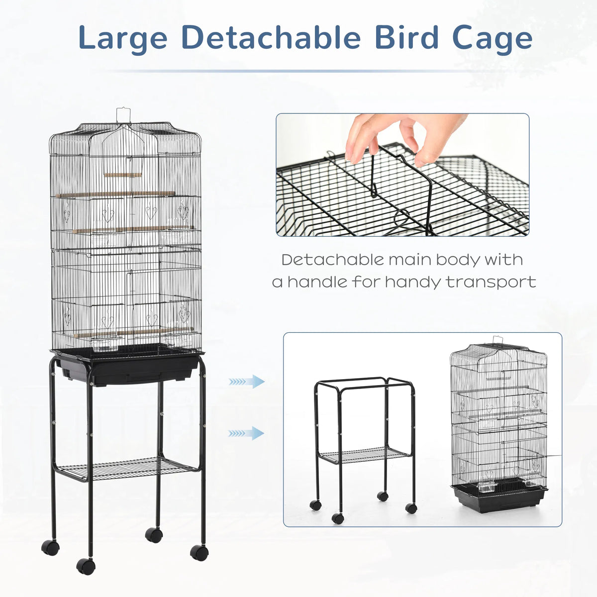 62" Rolling Bird Cage Cockatoo House Play Top Finch Pet Supply with Storage Shelf, Wheels - Black