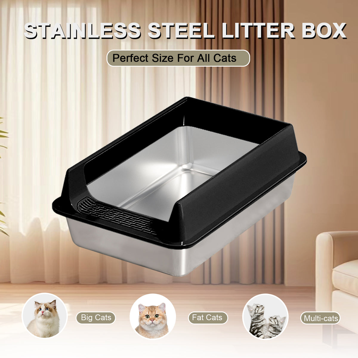 Oversized Stainless Steel Litter Box, Semi-enclosed Splash-proof And Leak-proof Design, Removable Lid, Suitable For Big 