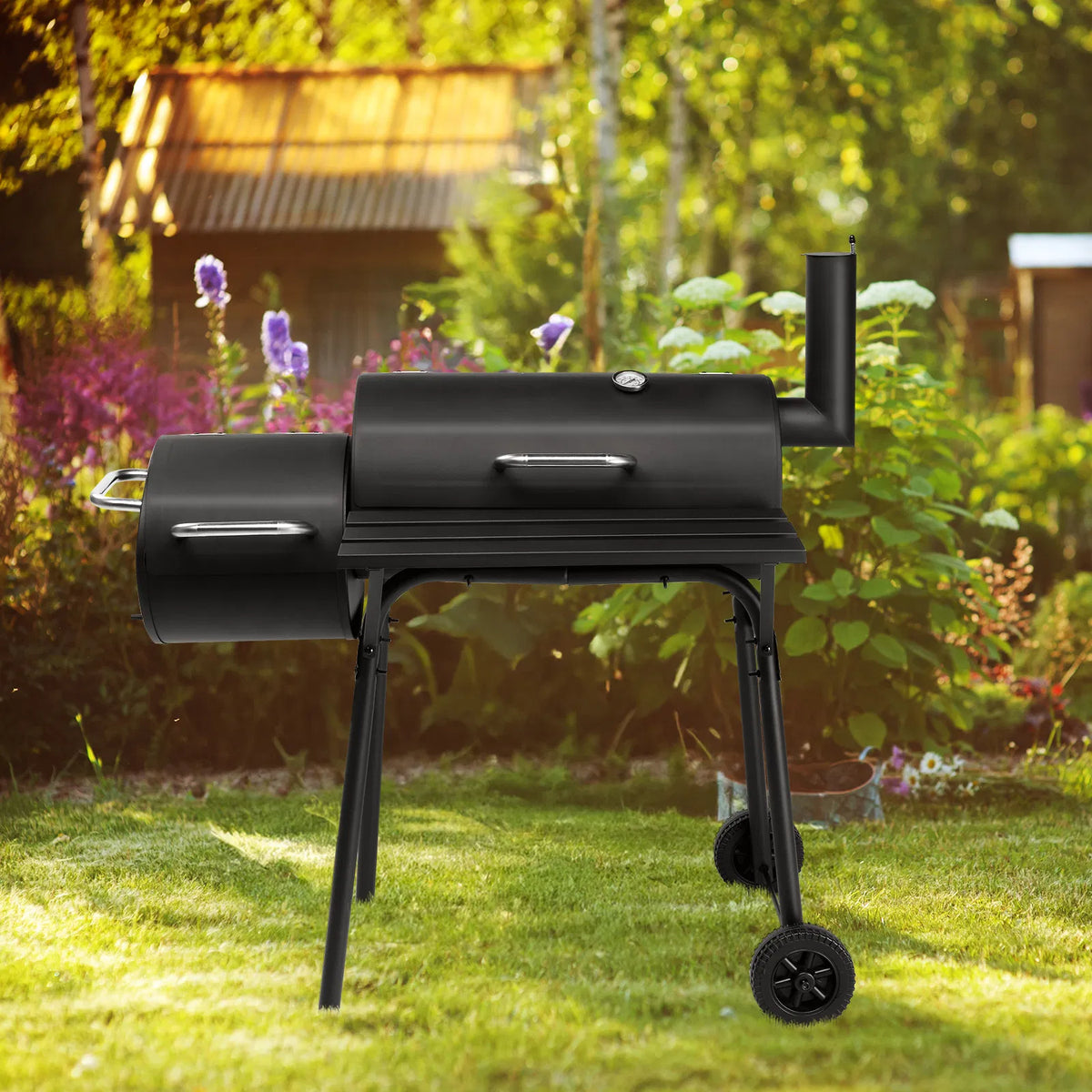 Barrel Charcoal Grill with Offset Smoker, All Metal Outdoor Smoker with Side Table and Wheels for Outdoor Garden Patio a