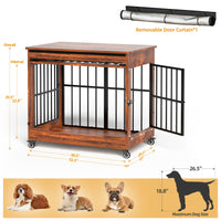 32in Dog Crate Furniture, Double Door Wooden Indoor Dog Kennel Furniture, Decorative Pet Cage End Table With Wheels For 