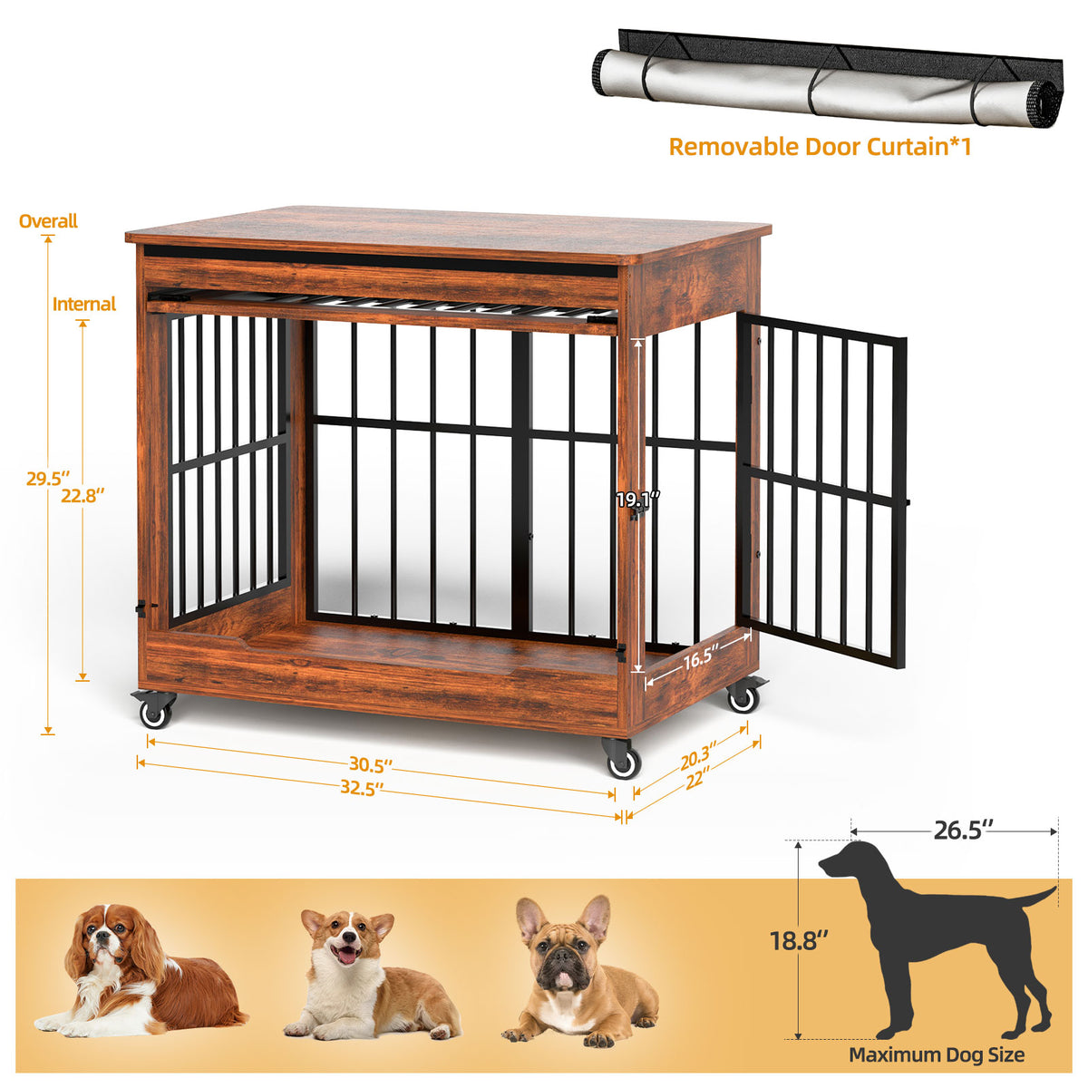 32in Dog Crate Furniture, Double Door Wooden Indoor Dog Kennel Furniture, Decorative Pet Cage End Table With Wheels For 