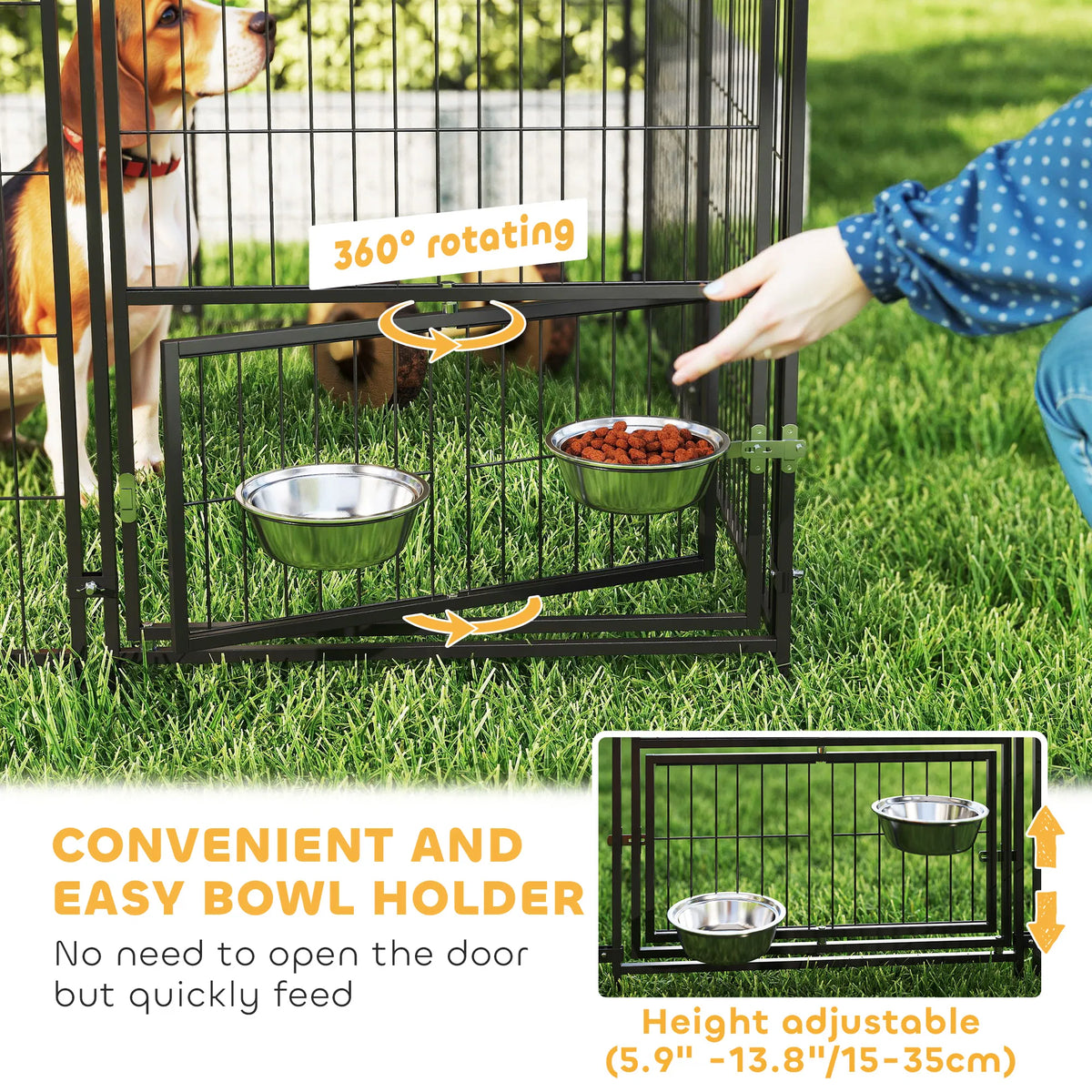 Outdoor Dog Kennel with Rotating and Adjustable Height Bowls, Waterproof UV-Resistant Cover, 11.3' x 4.7' x 5.1'