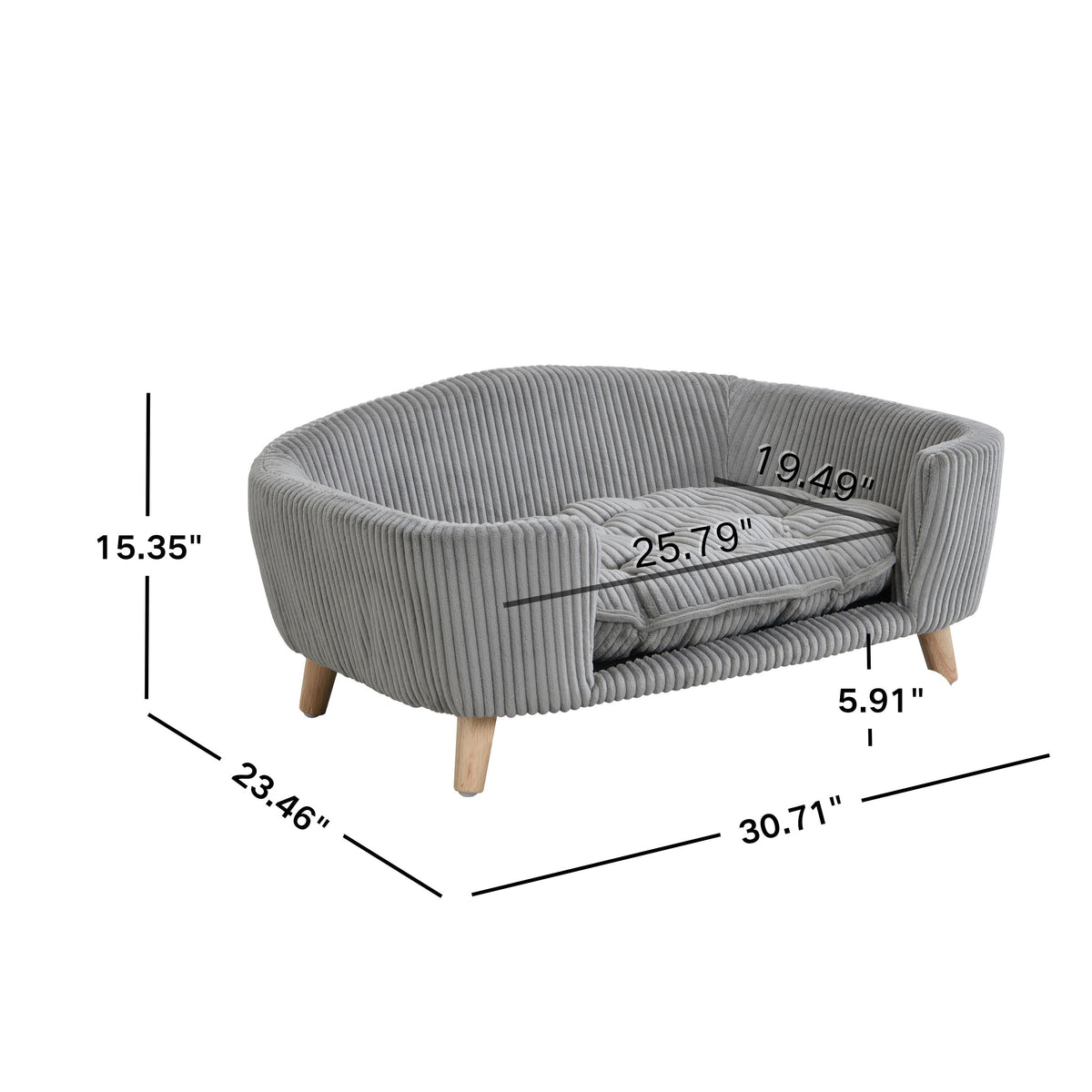 Elevated Dog Bed Frame for Small Dog, Corduroy Pet Couch Bed with Rubber Wood Legs and Supportive Foam, Grey, Easy Assem