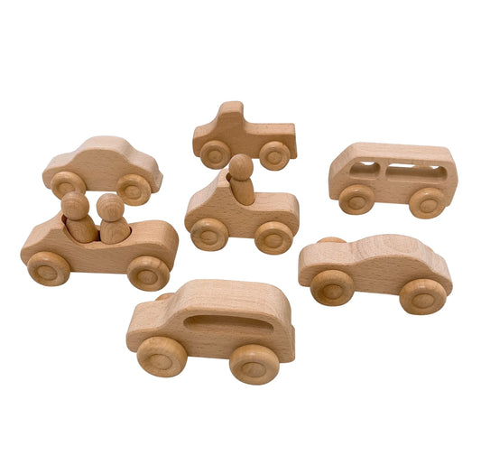 7 Pcs Natural Wooden Cars Set with 3 pcs Peg Dolls - BIG FRENCHIES