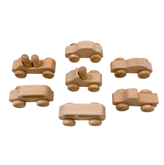 7 Pcs Natural Wooden Cars Set with 3 pcs Peg Dolls - BIG FRENCHIES