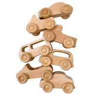 7 Pcs Natural Wooden Cars Set with 3 pcs Peg Dolls - BIG FRENCHIES