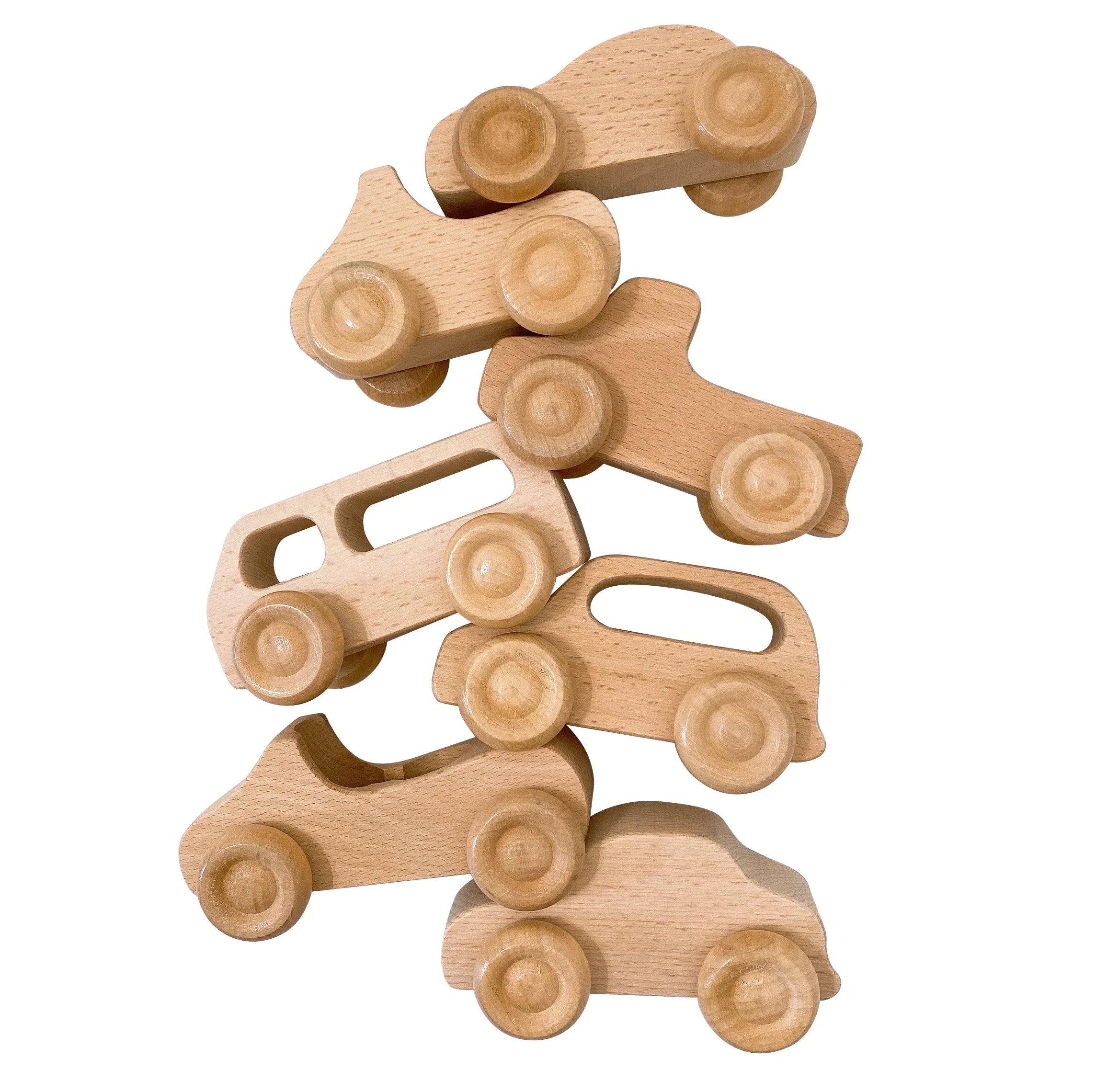 7 Pcs Natural Wooden Cars Set with 3 pcs Peg Dolls - BIG FRENCHIES