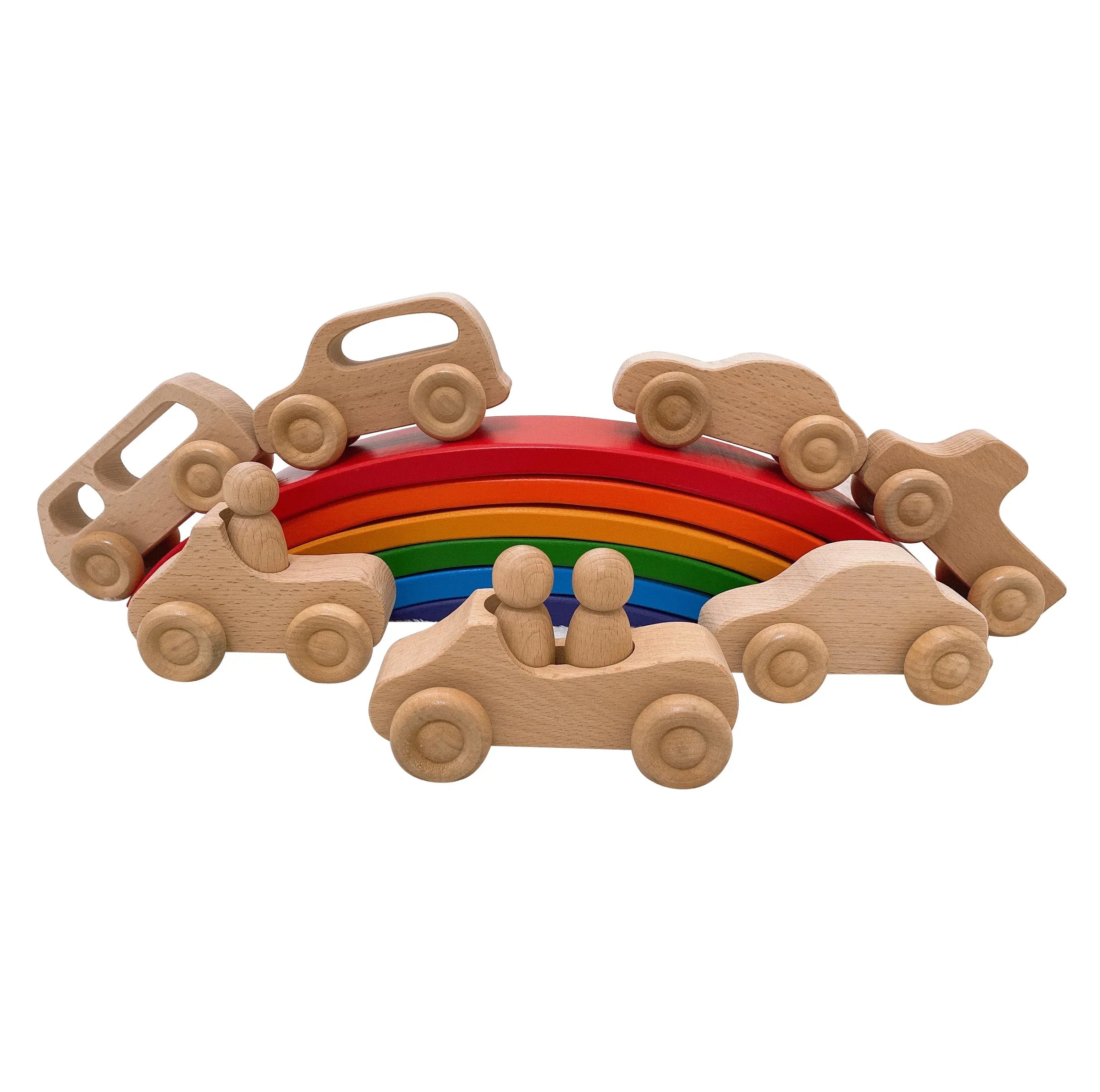 7 Pcs Natural Wooden Cars Set with 3 pcs Peg Dolls - BIG FRENCHIES