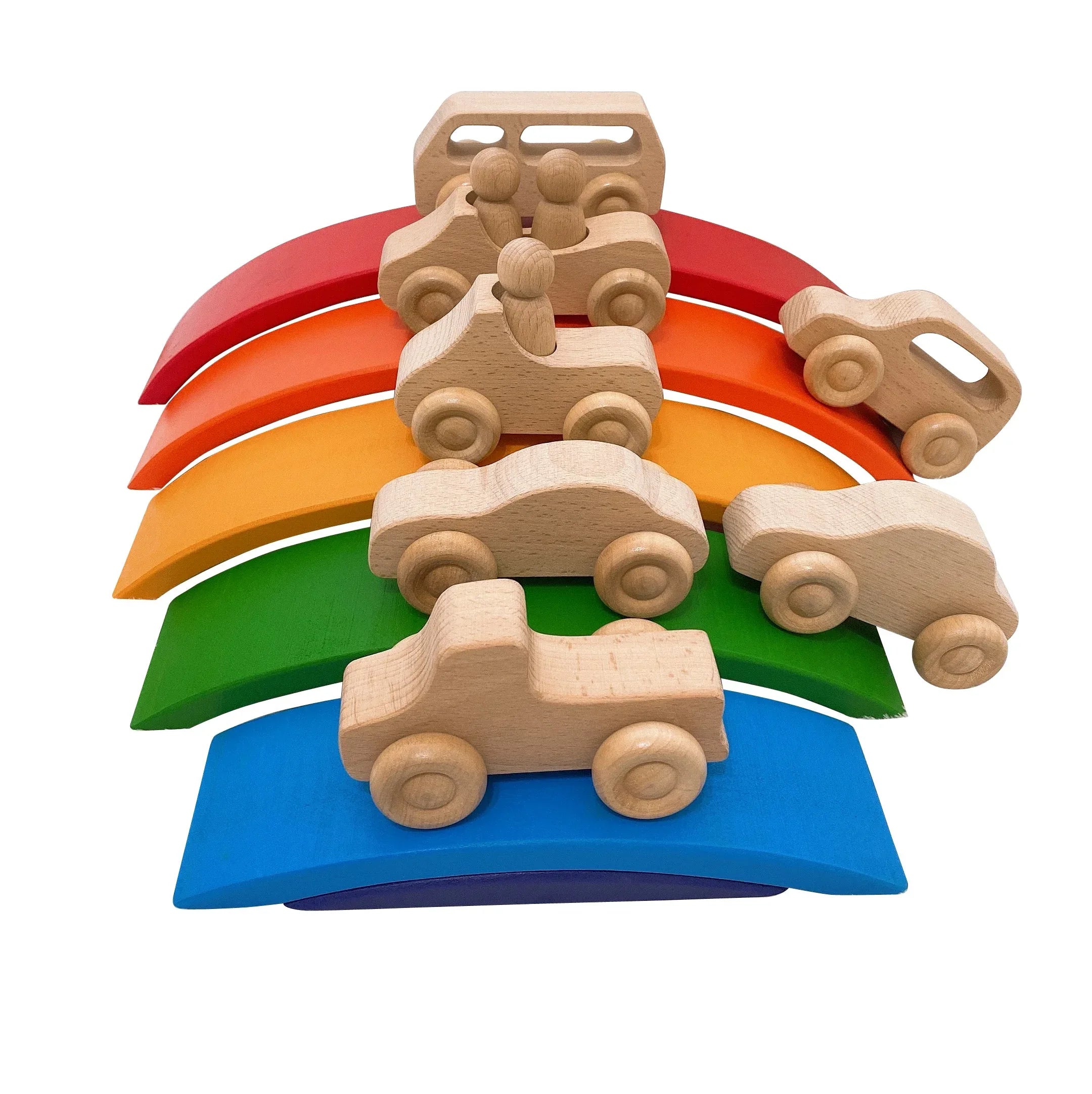 7 Pcs Natural Wooden Cars Set with 3 pcs Peg Dolls - BIG FRENCHIES
