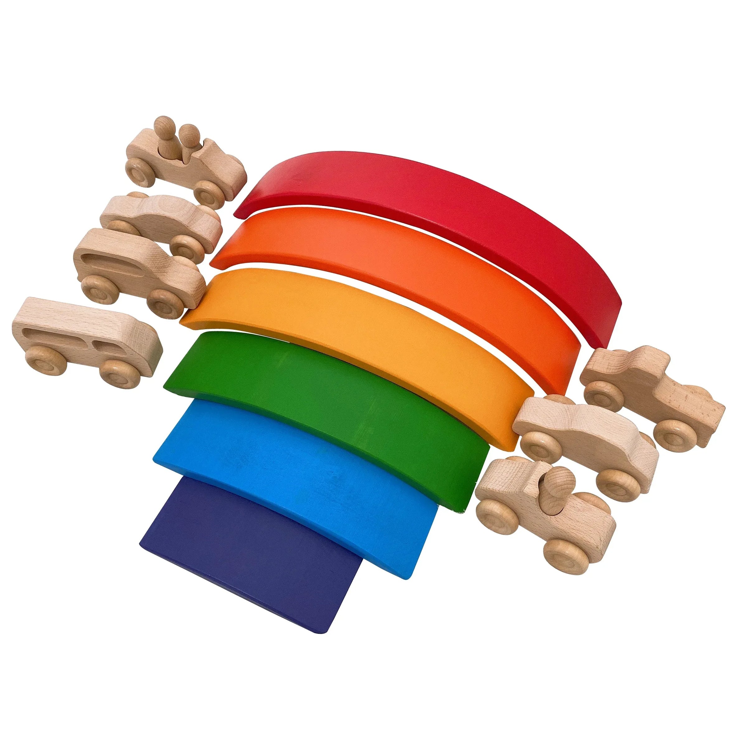 7 Pcs Natural Wooden Cars Set with 3 pcs Peg Dolls - BIG FRENCHIES