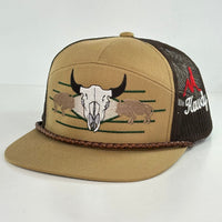 Buffalo & Cow Skull 7 Panel Leather Rope SNAPBACK Mesh Trucker Cap HAT Custom Embroidered
