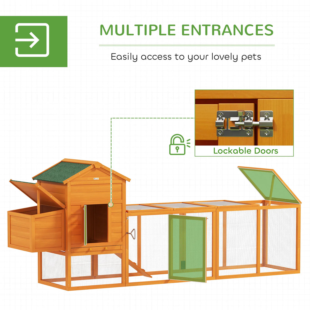117" Extra Large Chicken Coop with Asphalt Roof, Wooden Hen House with Slide-out Tray, Quail Hutch with Nesting Box, Ora