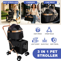 Double Pet Stroller for Dogs and Cats, Foldable Frame, 3-in-1 Convertible Carrier/Tote, Shockproof Wheels, Brake System,