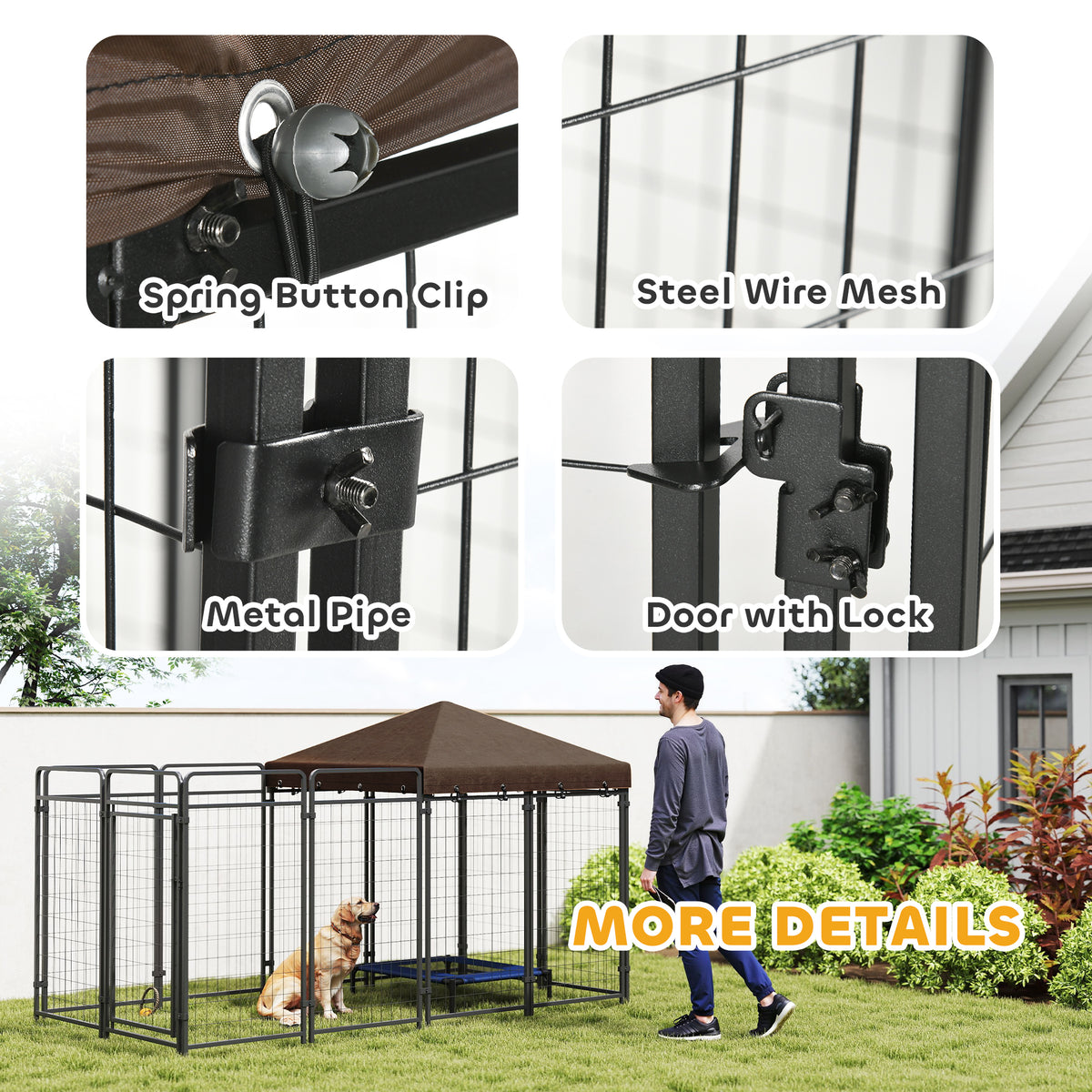 Dog Kennel Outdoor with Waterproof Canopy, Dog Run with Galvanized Chain Link, Secure Lock, for Backyard and Patio, Larg