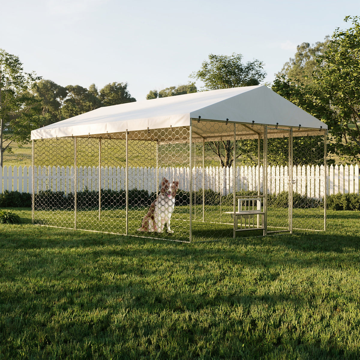 15x10 FT Large Outdoor Dog Kennel with Canopy, Heavy Duty Galvanized Steel Frame, Waterproof Cover, Built-in Elevated Fe
