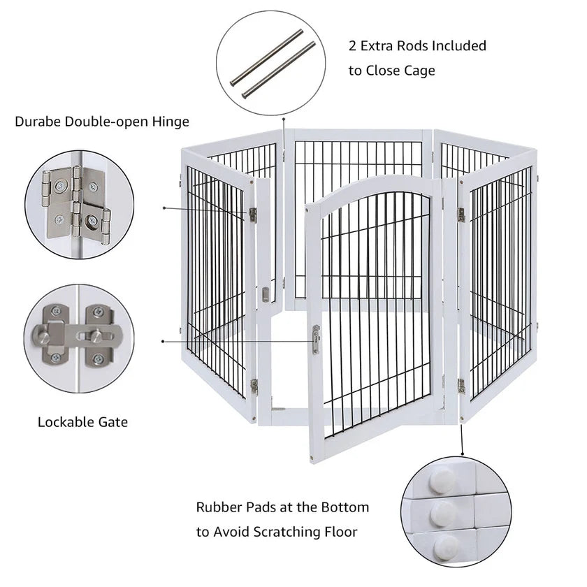 6-Panel Freestanding Wooden Dog Playpen & Pet Gate, 144"L x 31.5"H – Lockable Gate, No Wall Mounting, White/Espresso