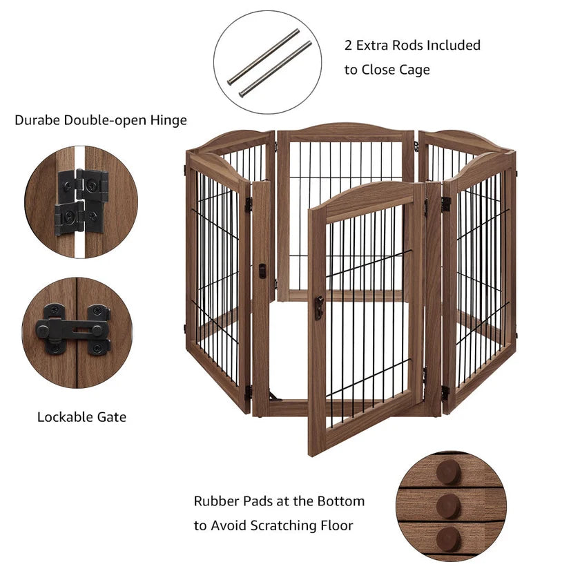 6-Panel Freestanding Solid Wood Dog Gate with Lockable Door, 132"L x 31.5"H – Foldable Pet Gate & Playpen, No Wall Mounting Required