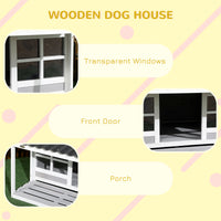 Wooden Dog House with Porch, Dog House Outdoor with Tilt Roof, Front Door, Windows for Medium Large Sized Dog