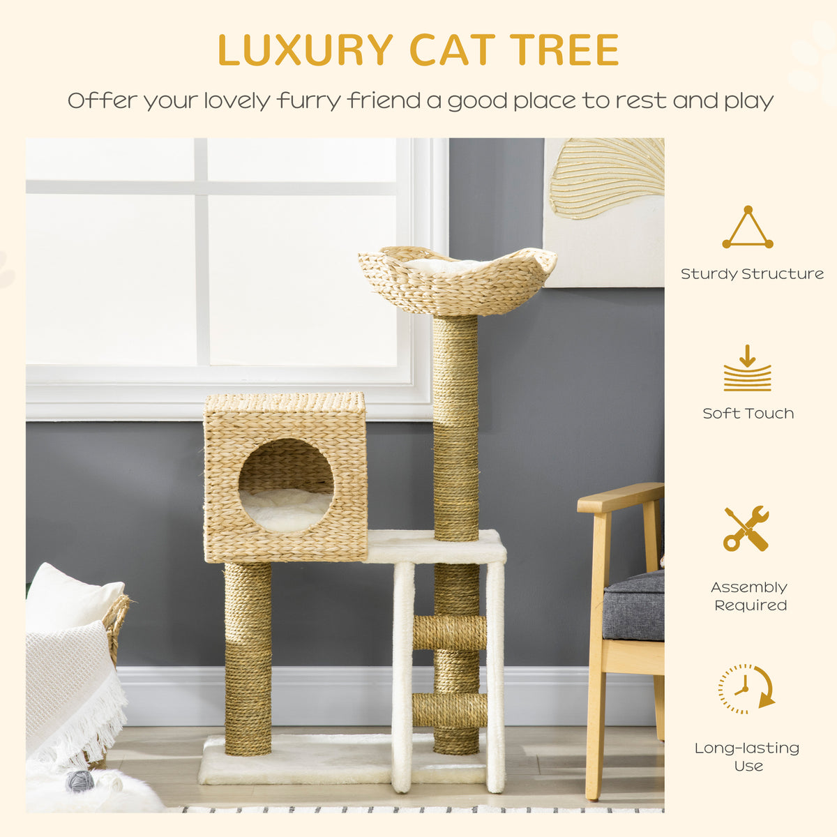 Cattail Weave Cat Tree for Indoor Cats Kitty Tower with Rattan Cat Condo, Wicker Bed, Ladder, Washable Cushions, 22.5" x
