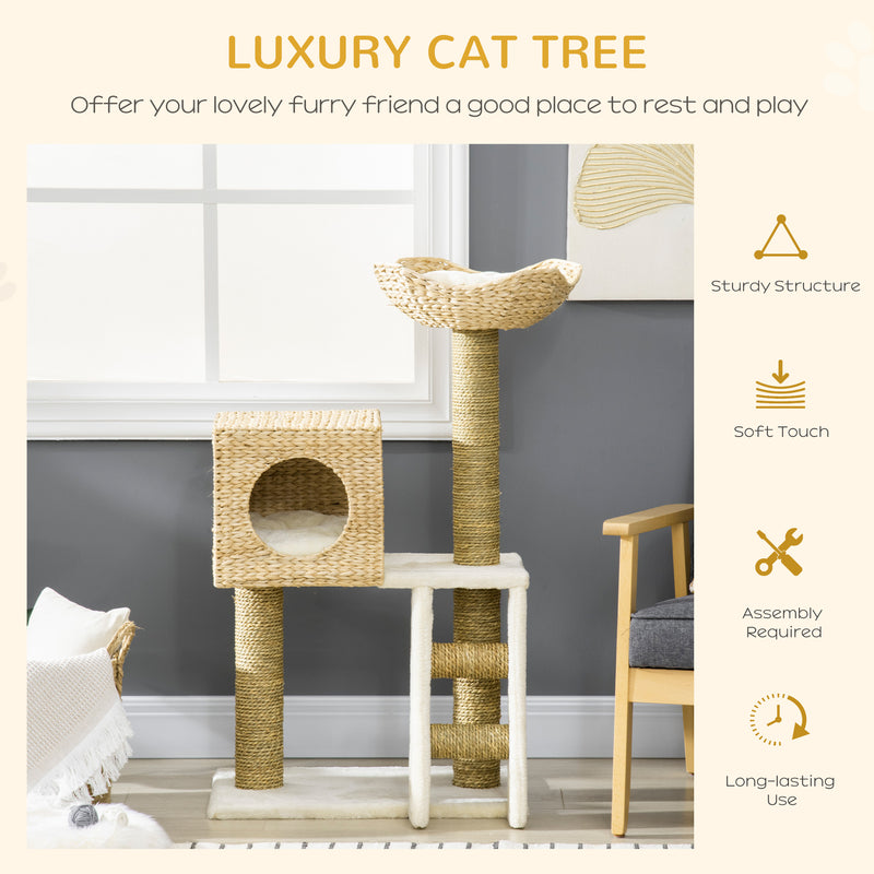 Cattail Weave Cat Tree for Indoor Cats Kitty Tower with Rattan Cat Condo, Wicker Bed, Ladder, Washable Cushions, 22.5" x