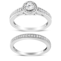 .925 Sterling Silver 1/2 Ctw Diamond Halo and Milgrain Engagement Ring Bridal Set (I-J Color, I3 Clarity) - Ring Size 7