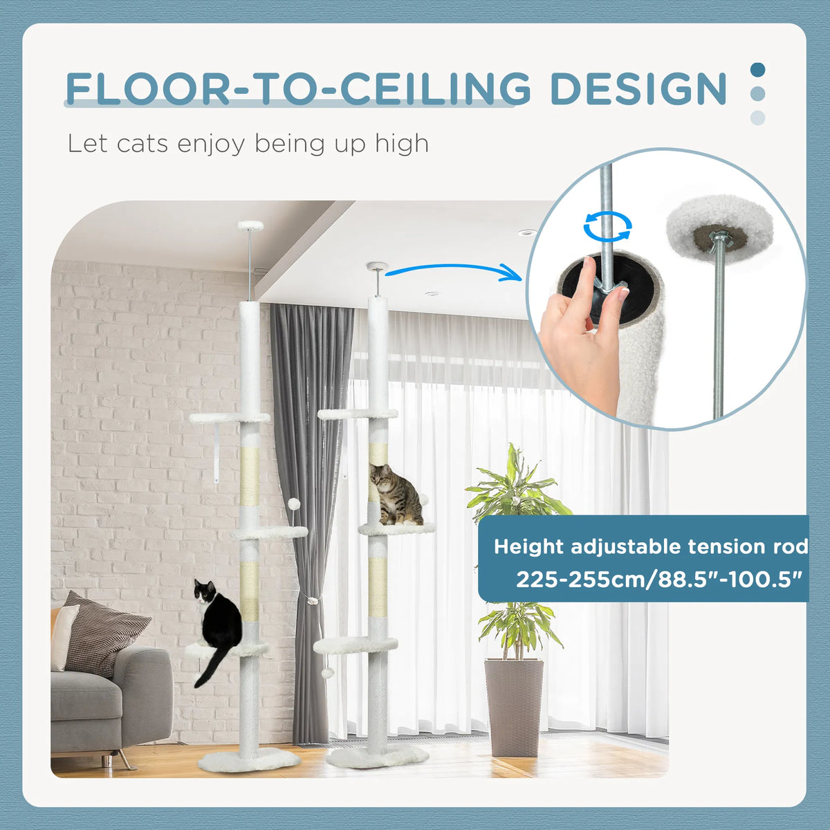 88.5"-100.5" Floor to Ceiling Cat Tree, Cat Tower with Scratching Posts, Cloud Shaped Platforms, Dangling Balls, White