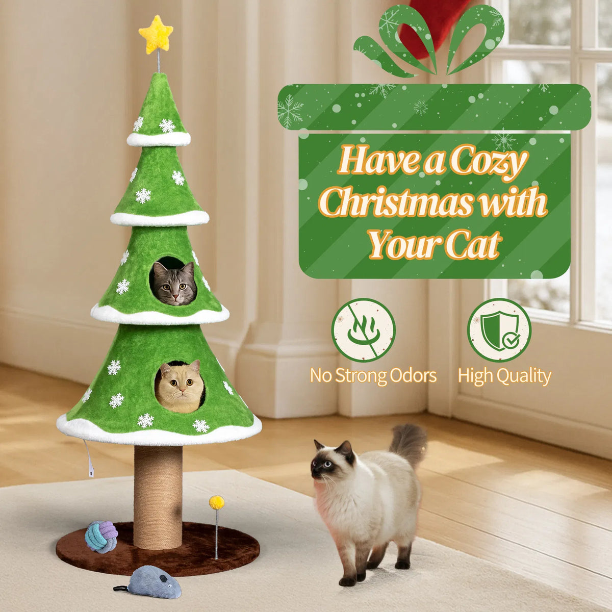 59in Large Tall Christmas Tree Cat Tower with 2 Cat Condos & Scratching Post, Soft Fleece Cat Tree with Teaser Toy & Stu