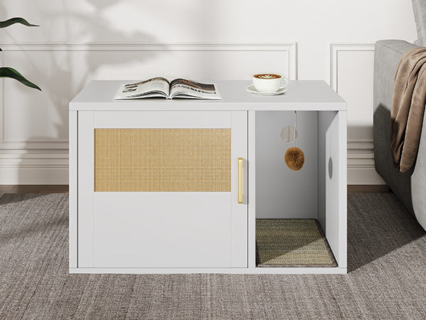 Cat Litter Box Cabinet Multifunctional White Modern Cat House Washroom End Table For Bedroom Living Room