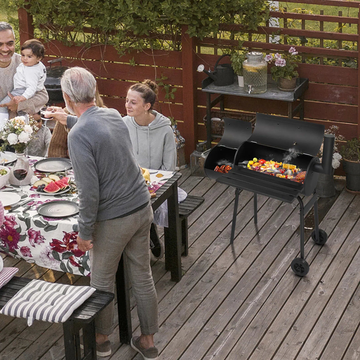 Barrel Charcoal Grill with Offset Smoker, All Metal Outdoor Smoker with Side Table and Wheels for Outdoor Garden Patio a