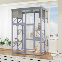 Outdoor Wooden Catio Multi-functional Cat Enclosure, 4 Platforms & 2 Napping Houses, 2 Strong Locks, Rounded Corner, Ste