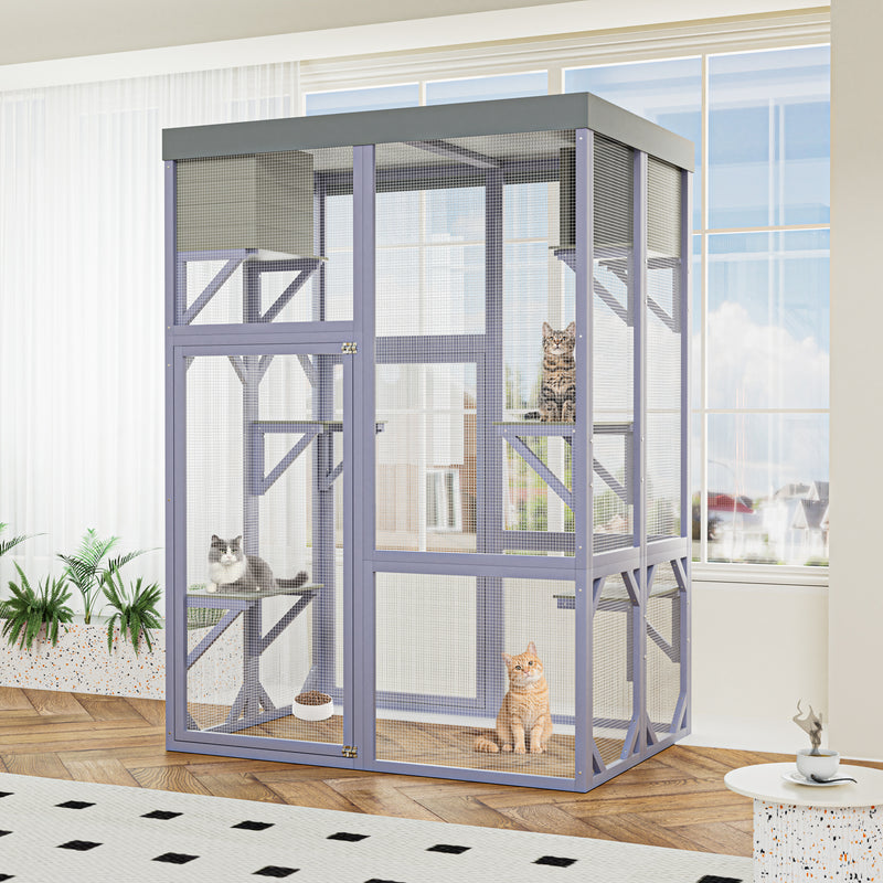 Outdoor Wooden Catio Multi-functional Cat Enclosure, 4 Platforms & 2 Napping Houses, 2 Strong Locks, Rounded Corner, Ste