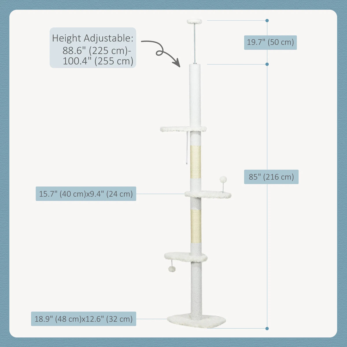 88.5"-100.5" Floor to Ceiling Cat Tree, Cat Tower with Scratching Posts, Cloud Shaped Platforms, Dangling Balls, White