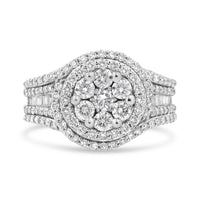 14K White Gold 1 1/2 Cttw Diamond Floral Cluster and Studded Shank Halo Ring (H-I Color, SI2-I1 Clarity) - Ring Size 7