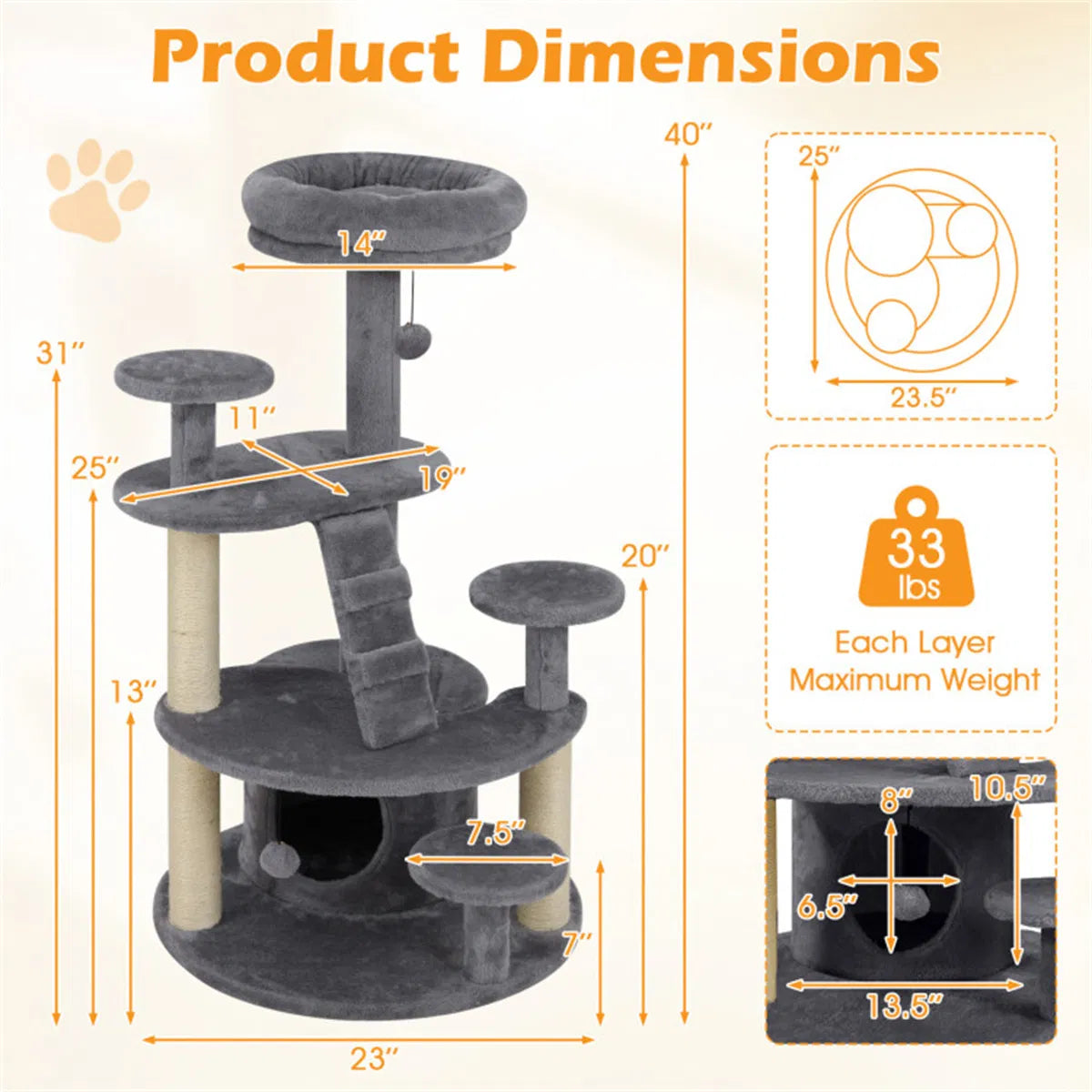 40" Multi-Level Cat Tree for Munchkin & Old Cats - Stable Wide Base, Soft Padded Perch + Large Condo (Gray)