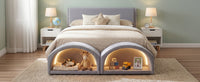 Queen Size Upholstered Platform Bed Frame with Dual Cat Caves, LED Lighted Pet Nests at Footboard, Gray